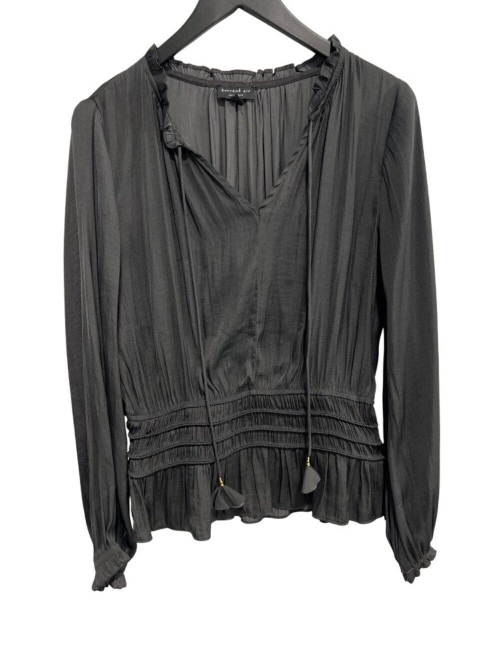Current Air Blouse Small Shirred Waist Split Neck Top Tie Neck Ruffle Trim Chic